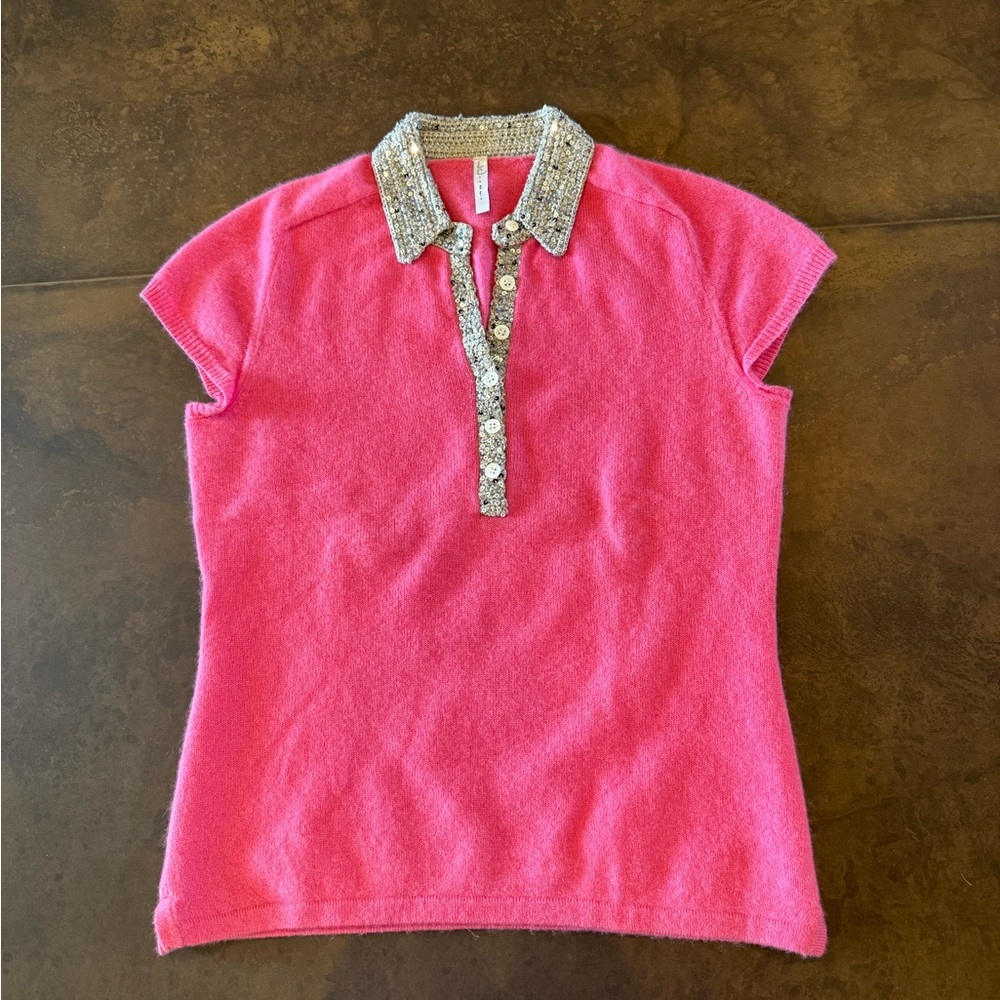ISLI New York 100% Cashmere Pink Sequin Crochet Collar Short Sleeve Sweater P/TP
